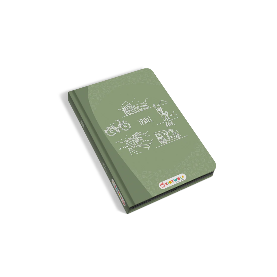 Green notebook with travel illustrations on a white background