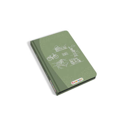 Green notebook with travel illustrations on a white background