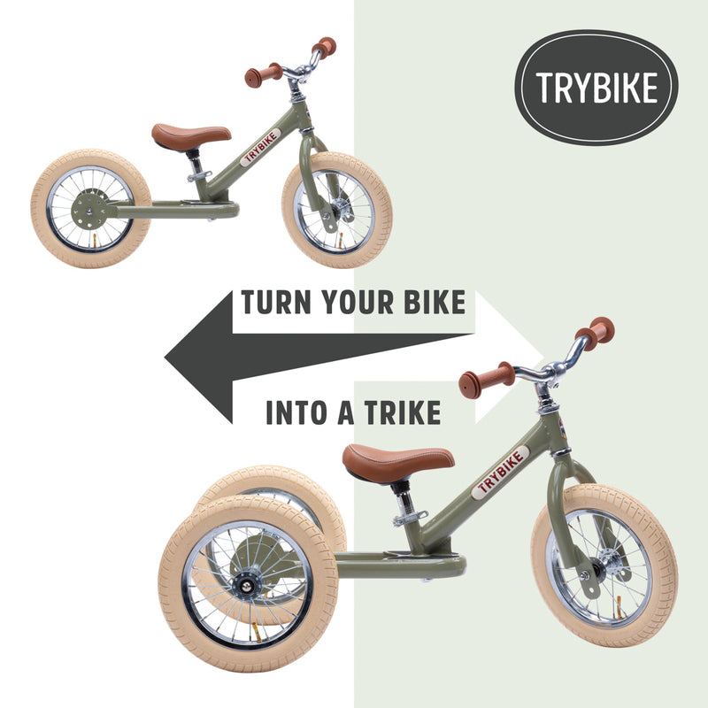 Transform a balance bike into a tricycle with TRYBIKE product on a light gray background