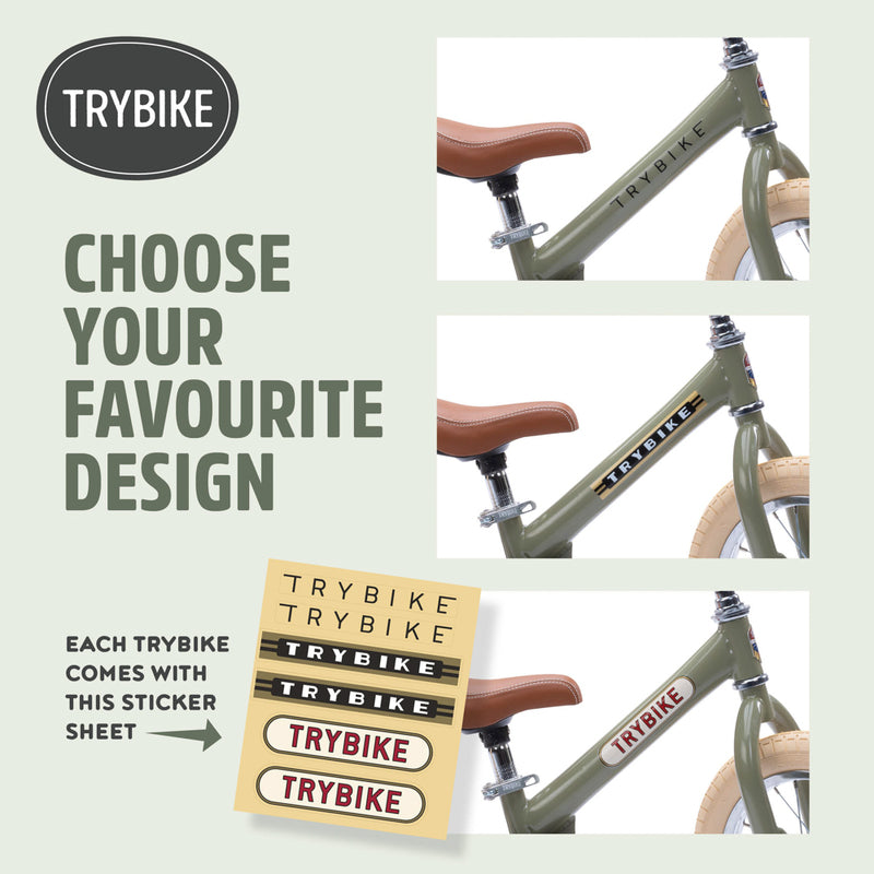 Trybike bicycle with a sticker sheet and text on a light gray background