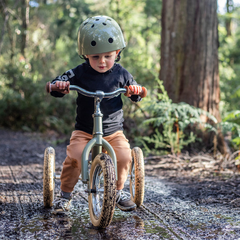 Child riding a tricycle in a forest setting