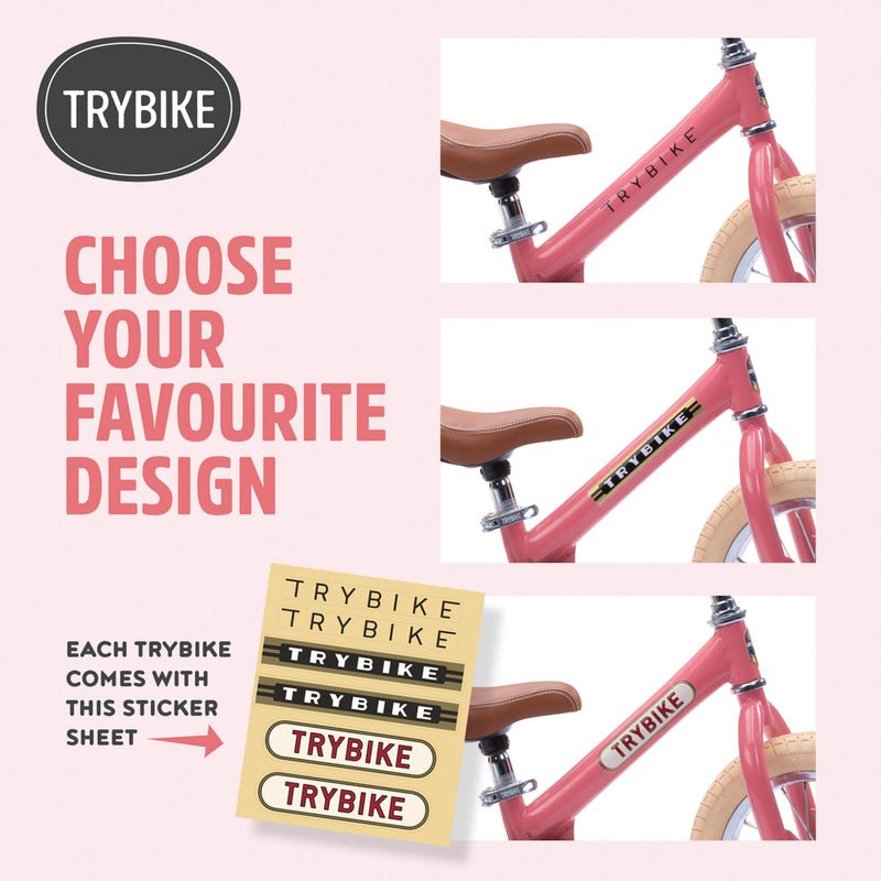 Pink Trybike with brown seat and matching sticker sheet on a light pink background