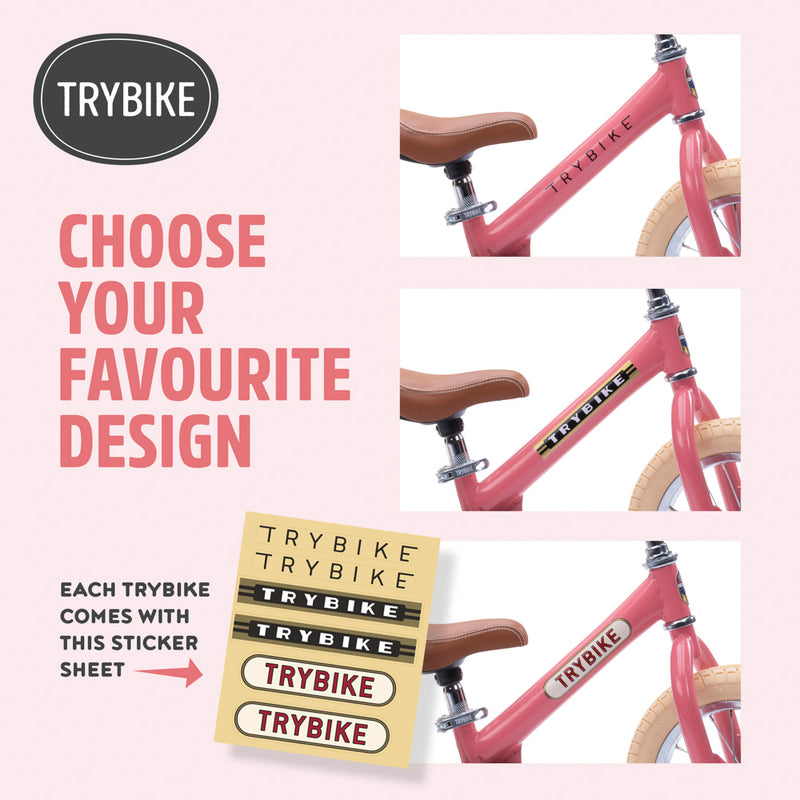 Pink Trybike with brown seat and matching sticker sheet on a light pink background