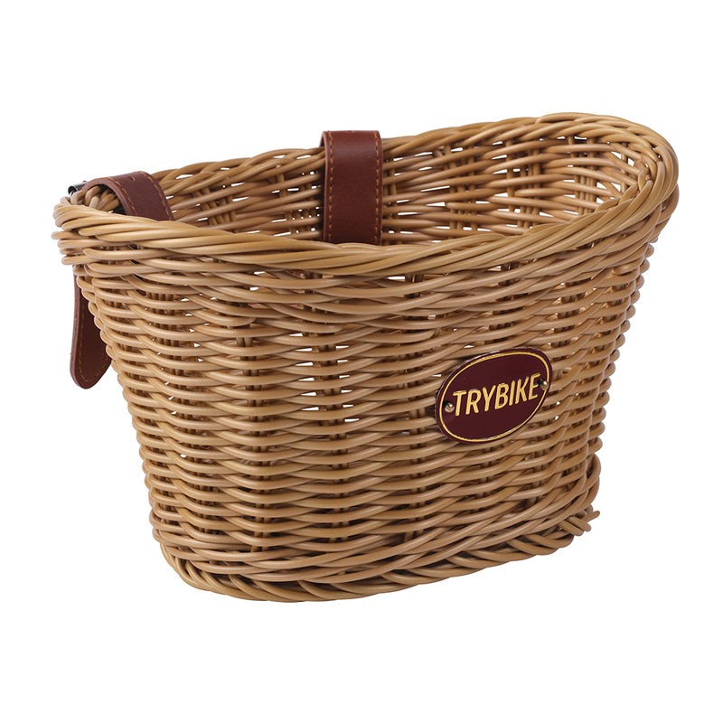 Wicker bicycle basket with brown handle and Trybike logo on a white background