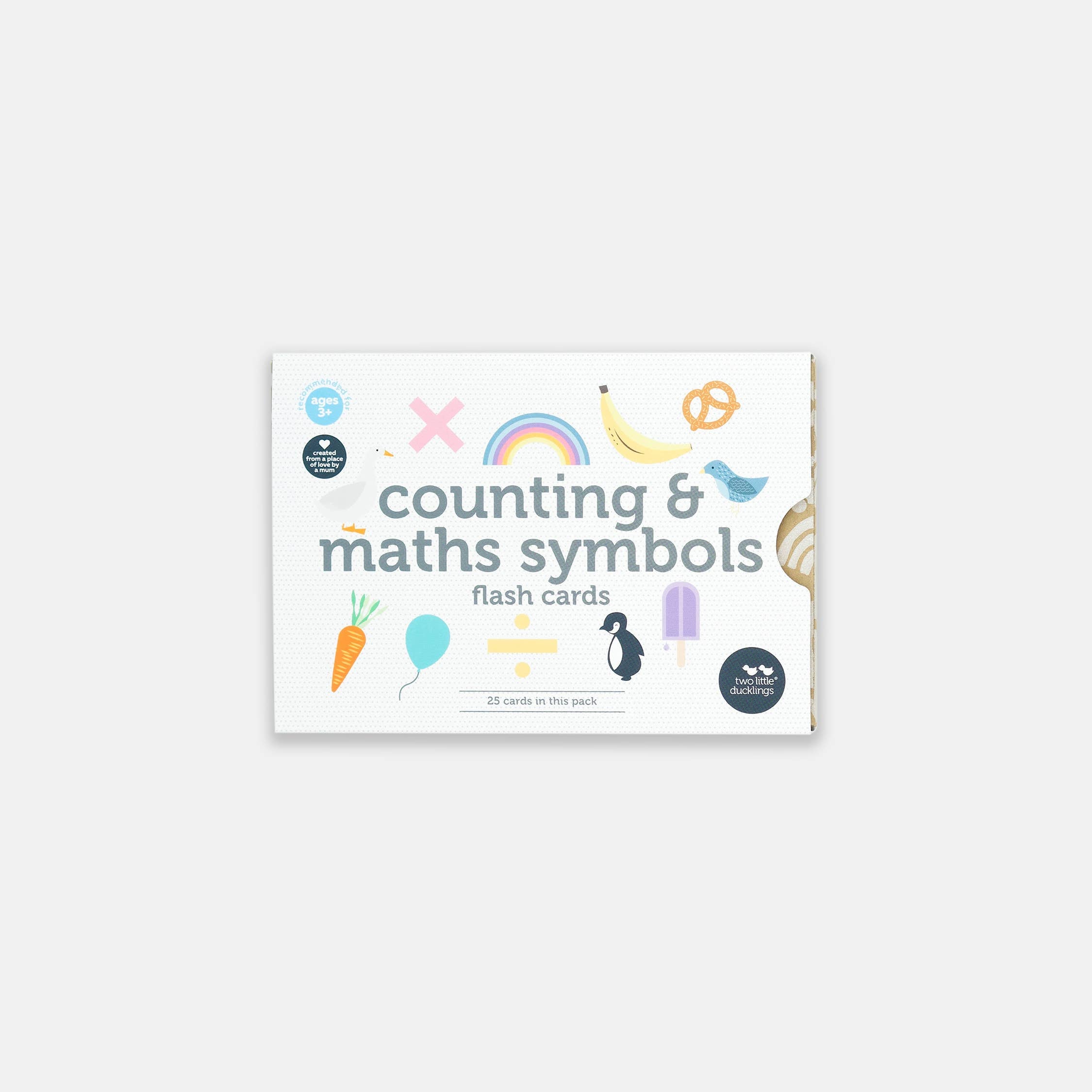 Pack of counting and maths symbols flash cards on a white background