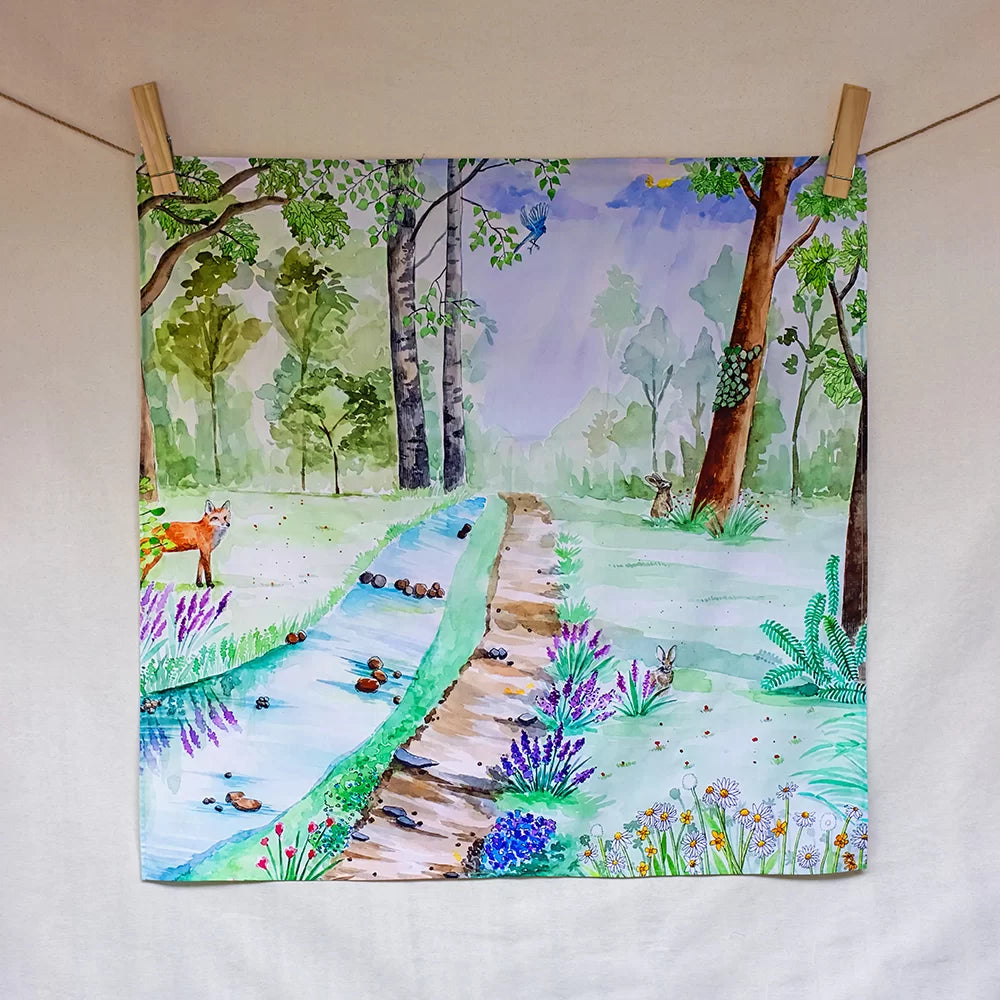 Colorful illustration of a forest scene with a path, trees, and animals on a white background.