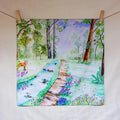 Colorful illustration of a forest scene with a path, trees, and animals on a white background.