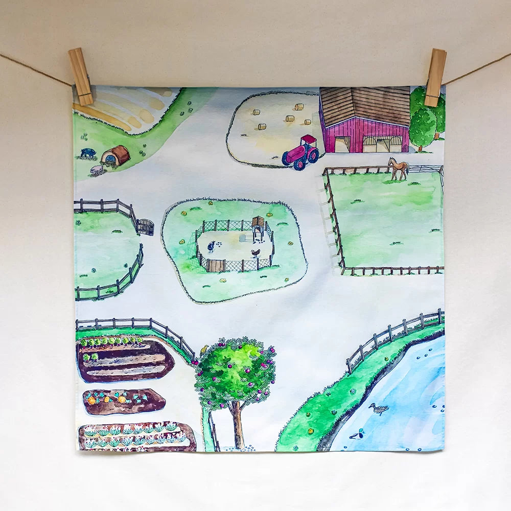 Colorful drawing of a farm scene with animals and buildings on a white background.