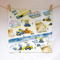 Colorful illustration of a construction site with various vehicles and equipment on a white background.