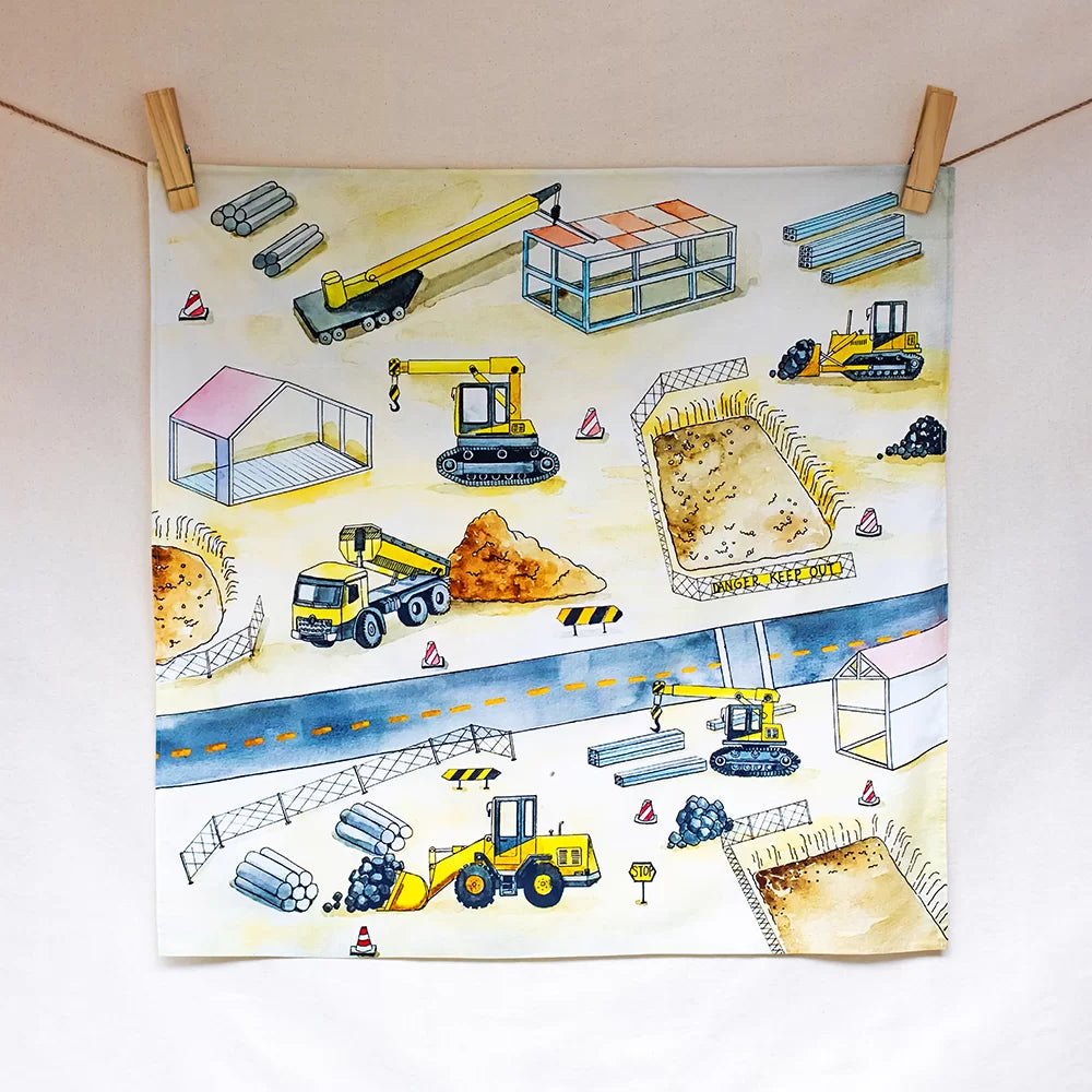 Colorful illustration of a construction site with various vehicles and equipment on a white background.