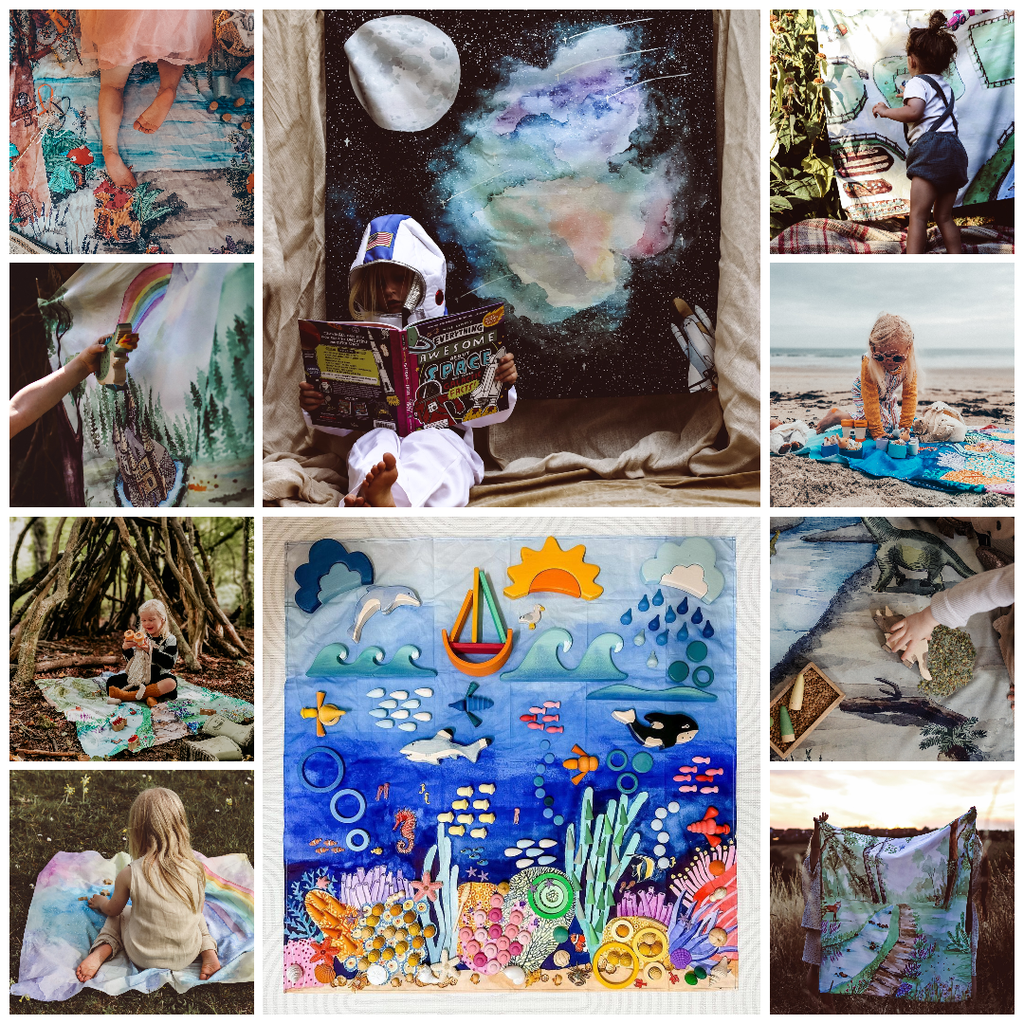 Collage of children playing and creating art in various settings