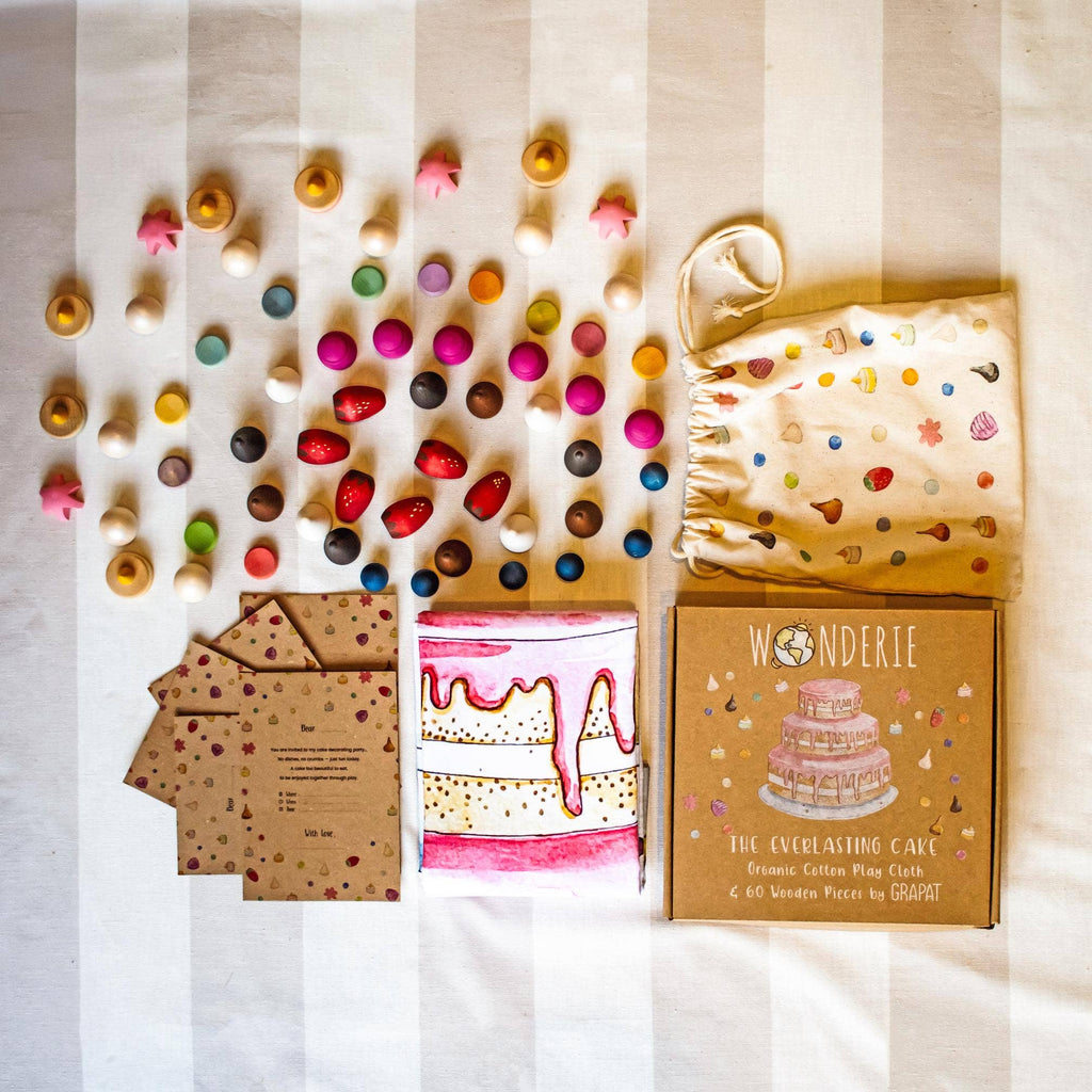 Packaging of Wonderie The Everlasting Cake product with colorful elements on a striped background