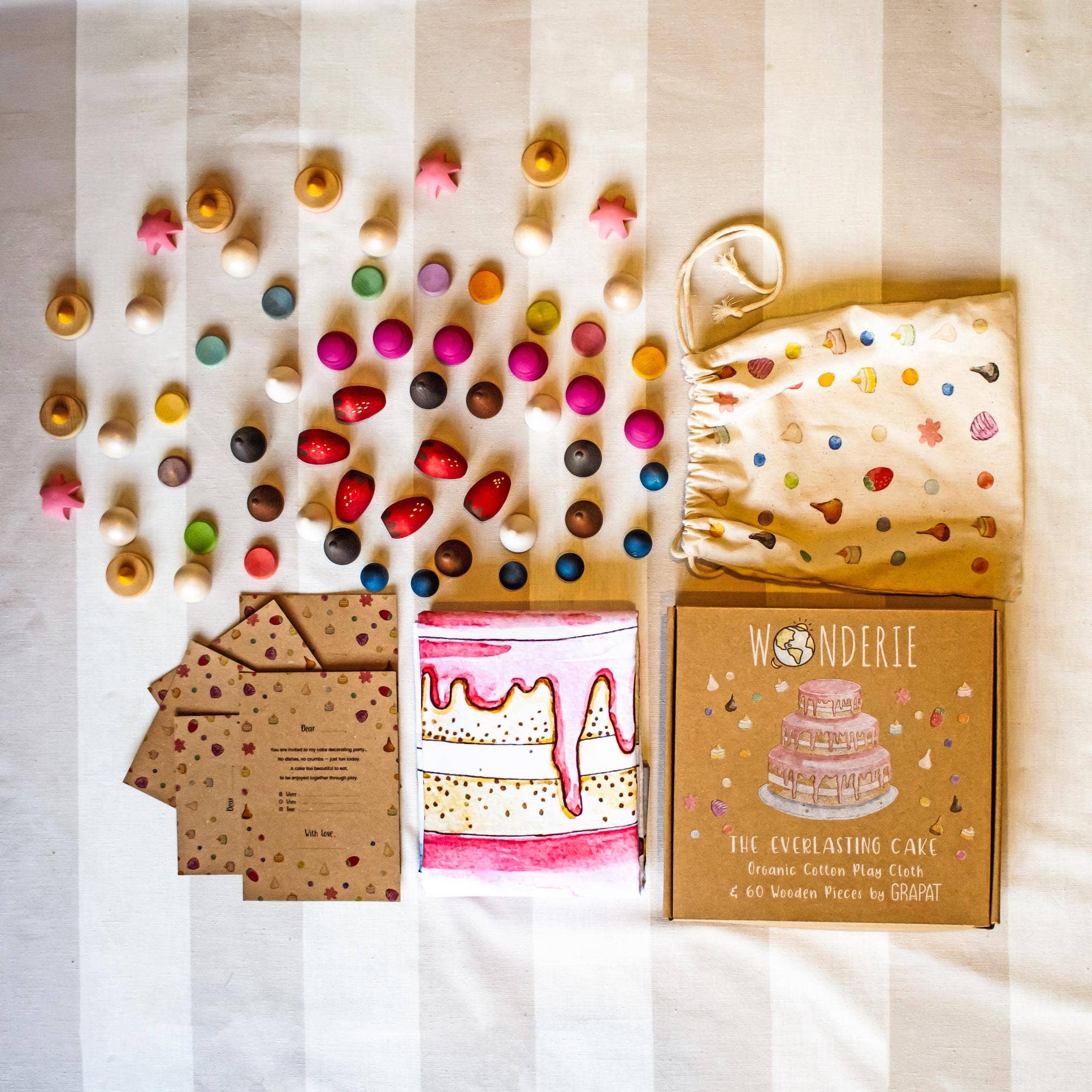 Packaging of Wonderie The Everlasting Cake product with colorful elements on a striped background