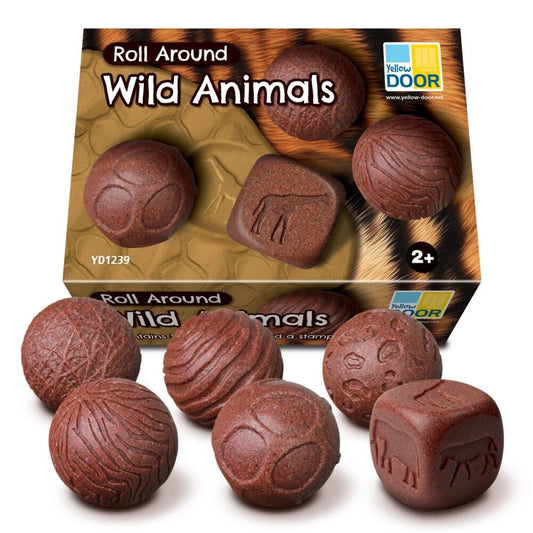 Box of 'Roll Around Wild Animals' with brown animal-shaped stamps on a white background