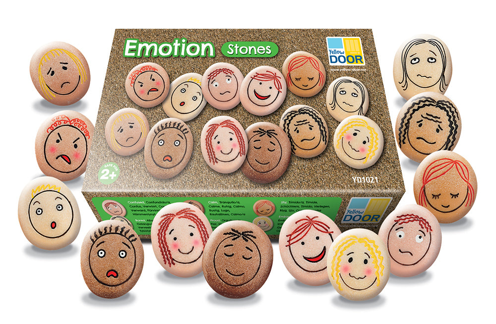 Emotion stones with faces and a packaging box labeled 'Emotion Stones' on a white background.