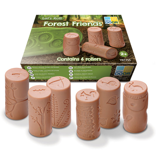 Set of embossed roller stamps with 'Forest Friends' packaging in the background