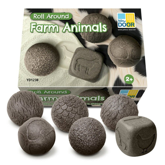 Set of farm animal-shaped play dough balls with packaging displaying 'Roll Around Farm Animals' text.