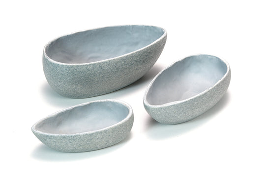Three gray ceramic bowls of varying sizes on a white background