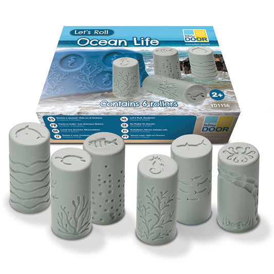 Set of ocean-themed silicone rollers with packaging on a white background