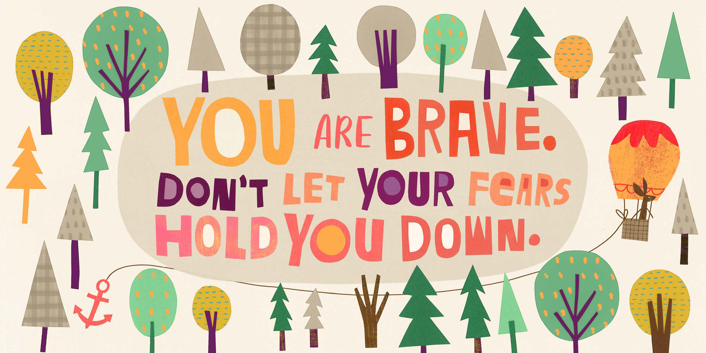 Motivational quote with colorful trees and a hot air balloon on a light background