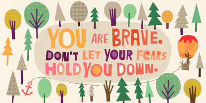 Motivational quote with colorful trees and a hot air balloon on a light background